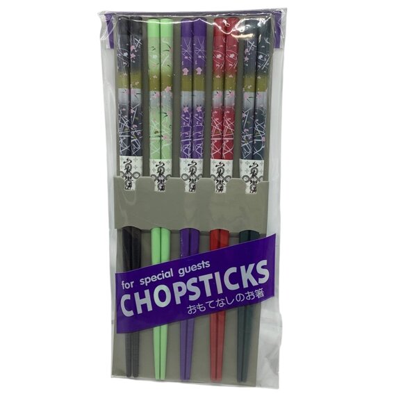 Decorative Chopsticks Set 5 Pairs Multicolor Bamboo Floral Print Special Guests - Picture 1 of 4